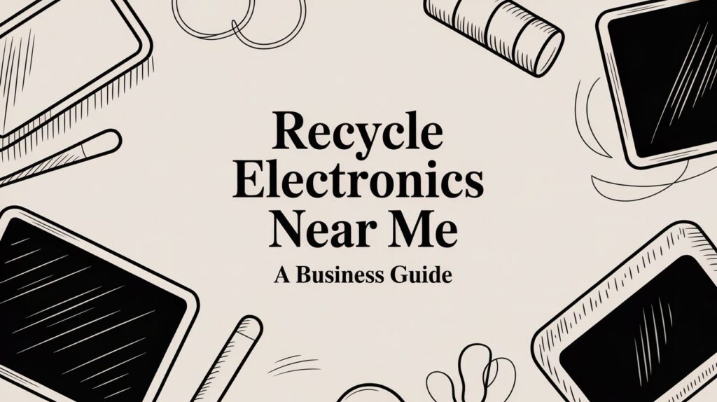 A banner reads “Recycle Electronics Near Me: A Business Guide” with sketched electronics and wires nearby.