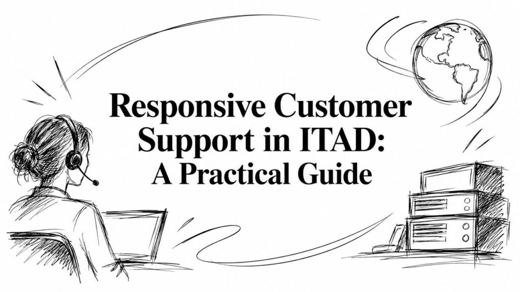 A woman with a headset sits at a computer near servers and a globe, representing ITAD support.