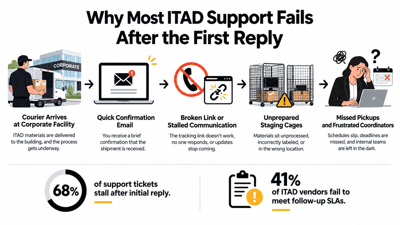 A flowchart illustrating the common reasons for ITAD support failures occurring after the initial response.