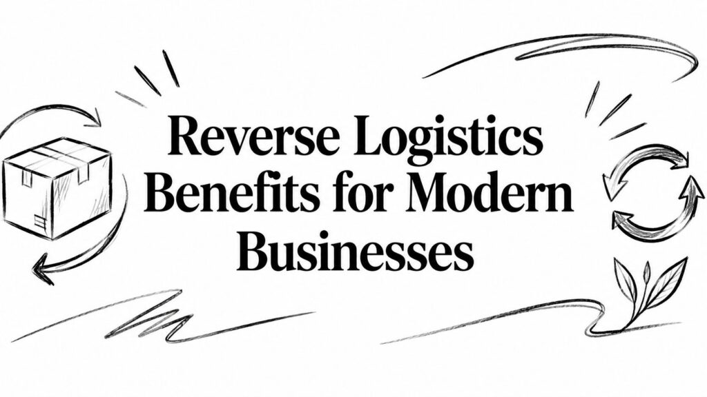 A box with arrows and leaf sketches illustrates reverse logistics benefits for modern businesses.