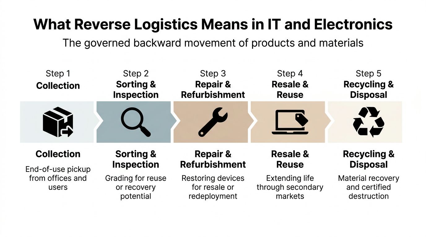 A diagram outlining the five steps of the IT and electronics reverse logistics process from collection to recycling.