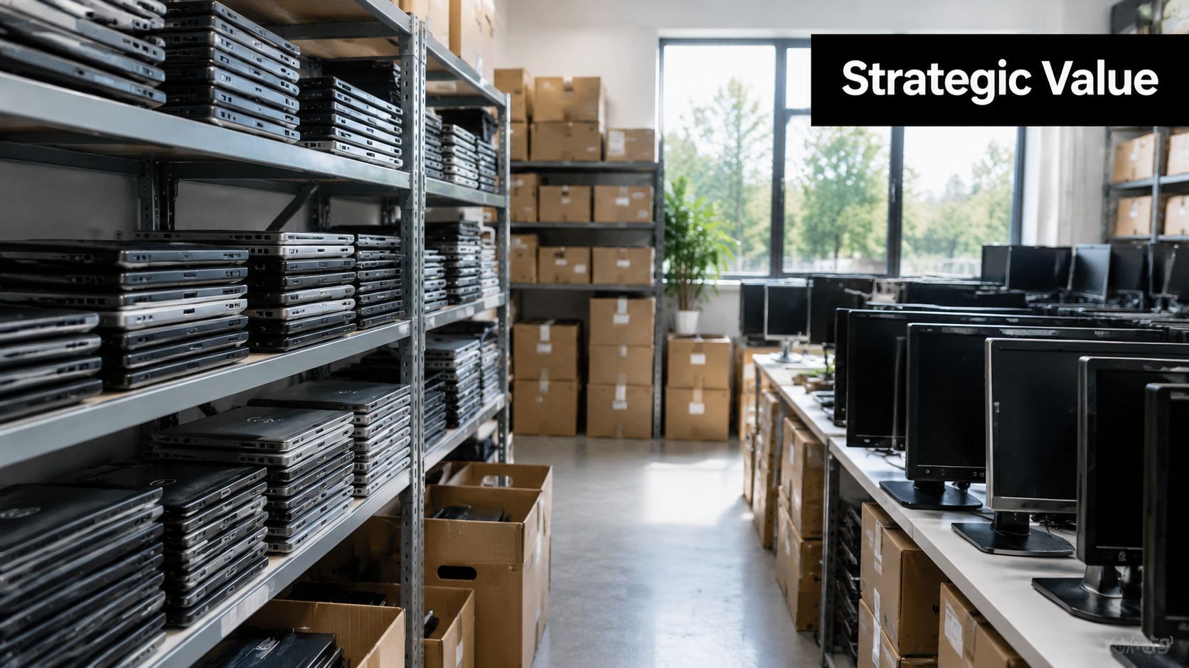 A warehouse storage room featuring shelves stacked with laptops and tables holding multiple computer monitors.