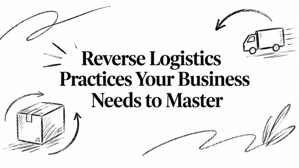 Text says “Reverse Logistics Practices Your Business Needs to Master” with sketched box and truck.