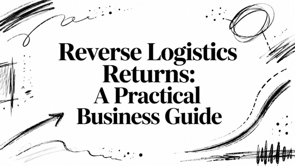 The image shows the book title “Reverse Logistics Returns: A Practical Business Guide” in sketched design.