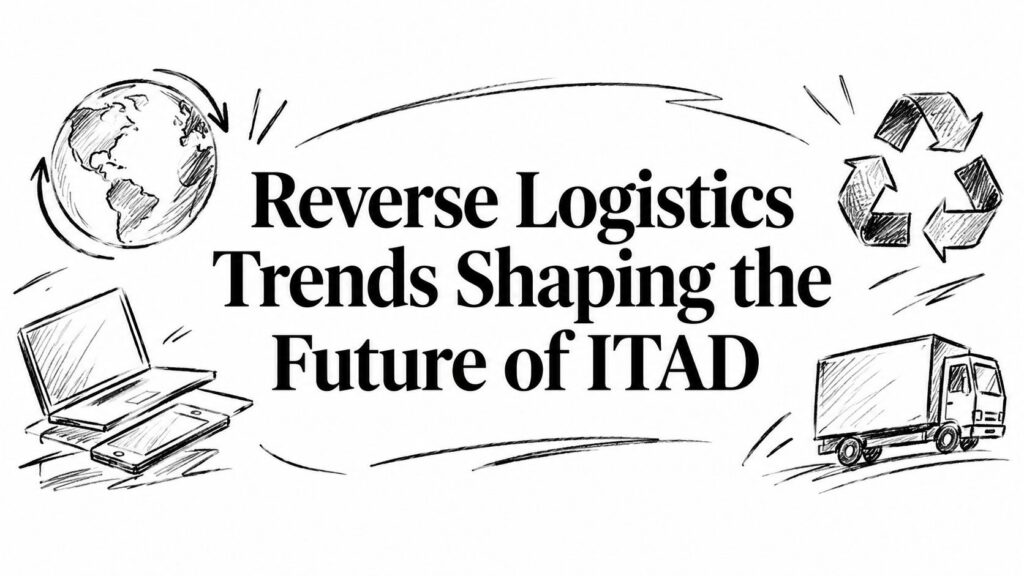 A globe, laptop, truck, and recycle symbol illustrate reverse logistics trends shaping ITAD’s future.