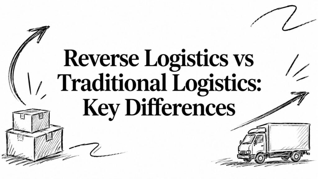 The image compares reverse logistics vs traditional logistics with sketches of a truck and stacked boxes.