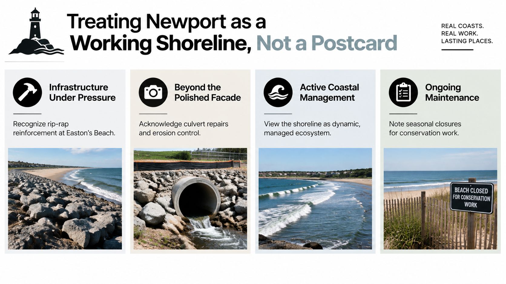 An infographic detailing the challenges of maintaining Newport shorelines, featuring photos of beach infrastructure and conservation efforts.