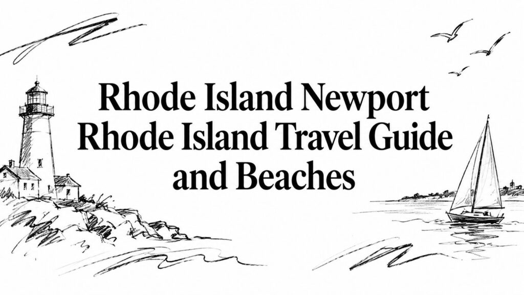 Black and white drawing of a lighthouse, sailboat, and birds with Rhode Island travel and beaches text.