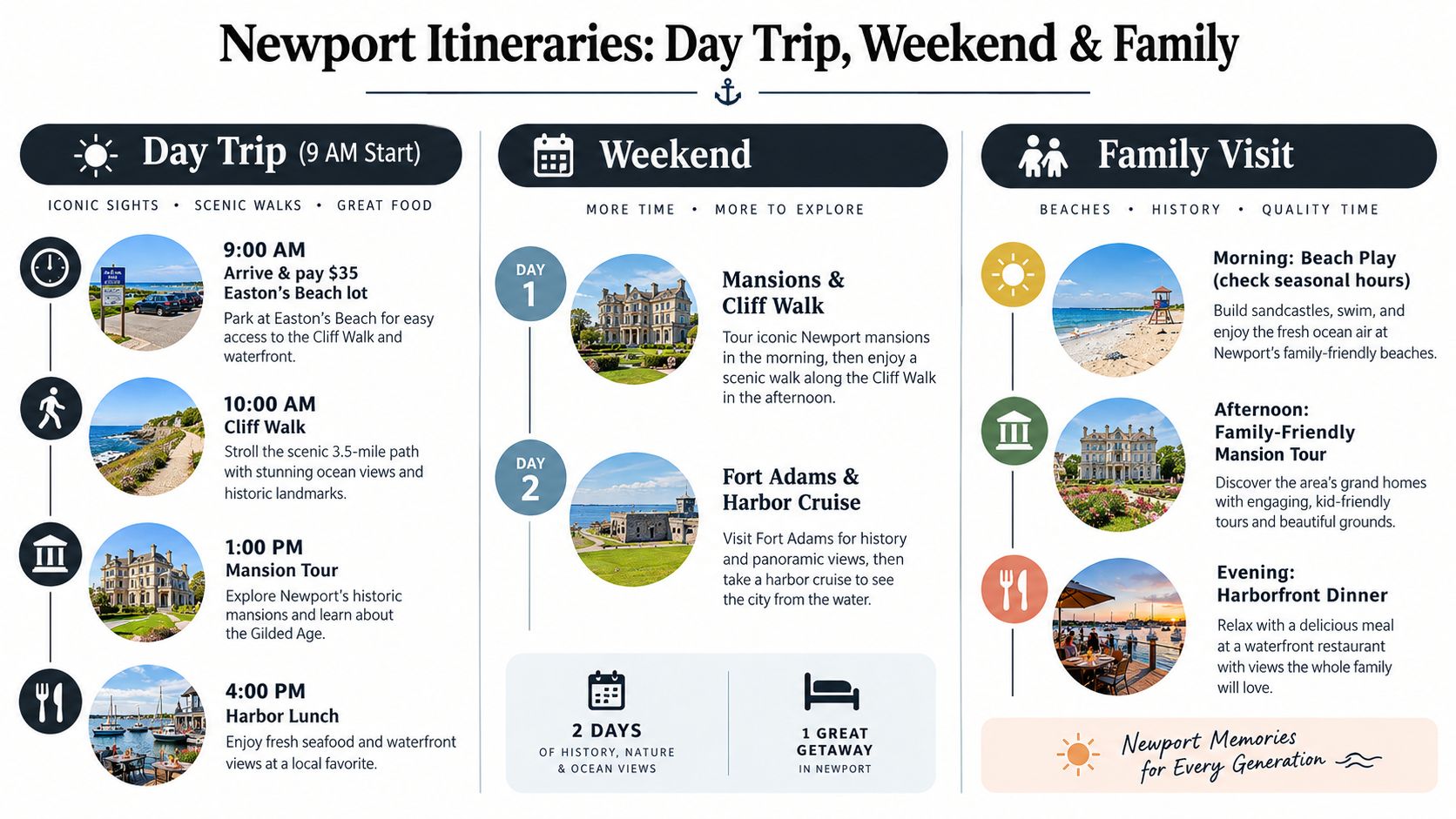 An infographic displaying suggested day trip, weekend, and family travel itineraries for visiting Newport, Rhode Island.