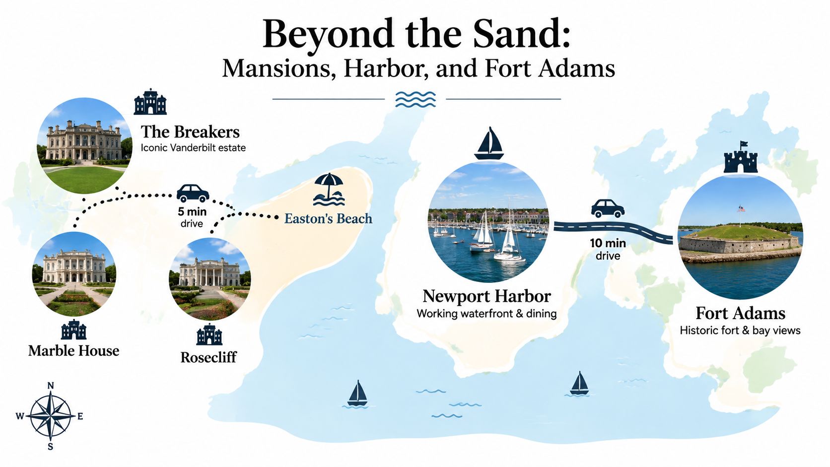 A travel infographic map of Newport, Rhode Island highlighting iconic mansions, Easton's Beach, the harbor, and Fort Adams.