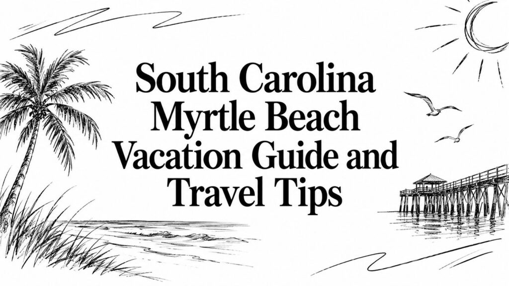 Illustrated beach scene titled “South Carolina Myrtle Beach Vacation Guide and Travel Tips” on cover.