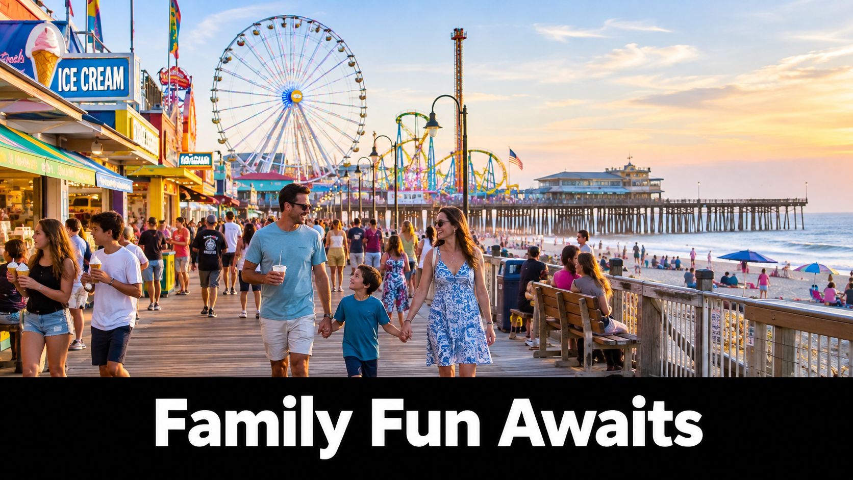 A happy family walks along the Myrtle Beach boardwalk during sunset, surrounded by amusement rides and crowd.