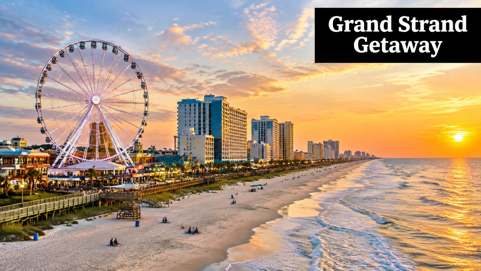 The Myrtle Beach SkyWheel overlooking a scenic sunset on the sandy shore in South Carolina.