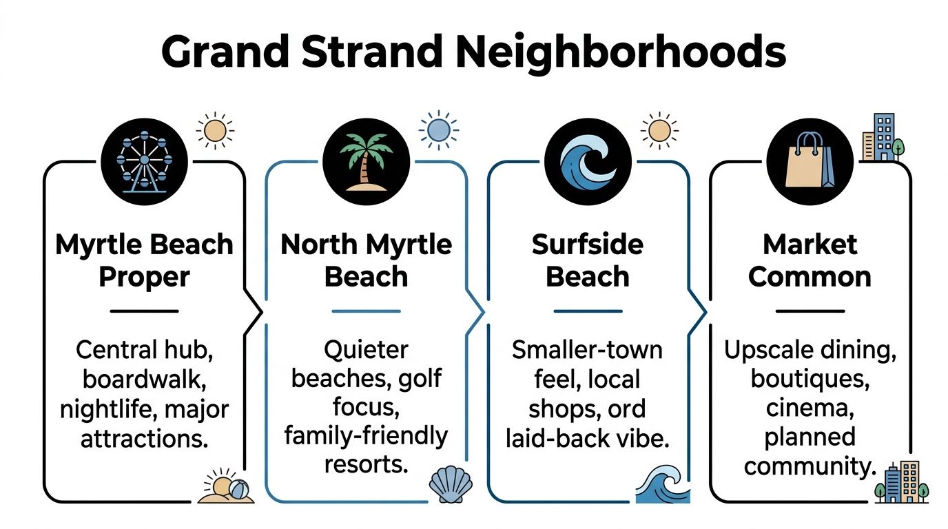 A graphic infographic showcasing four distinct Grand Strand neighborhoods in Myrtle Beach for vacation planning.