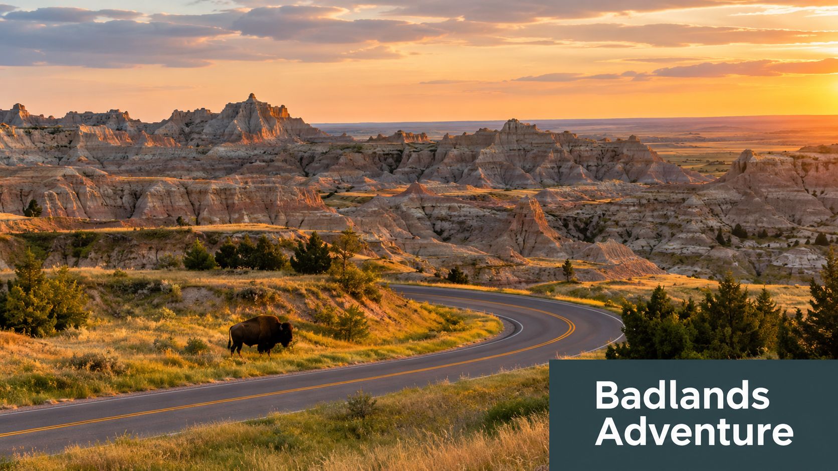 A scenic view of a bison standing near a winding road in the sunset at Badlands National Park.