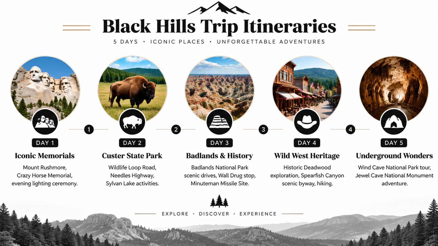 An infographic showing a five-day travel itinerary for exploring the iconic sights of the Black Hills.