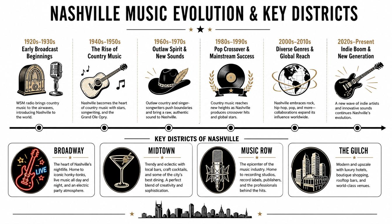 A timeline graphic showing the history of Nashville music evolution and descriptions of key city districts.