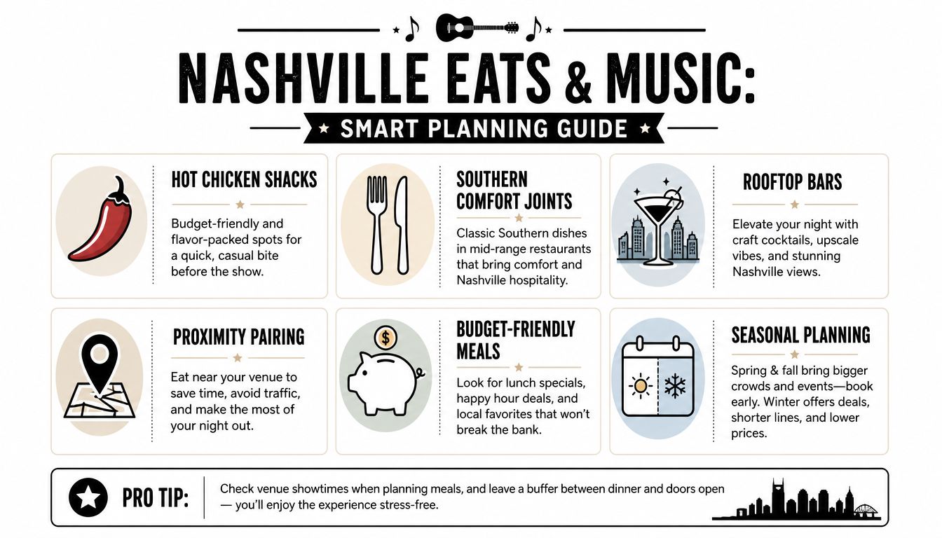An infographic titled Nashville Eats and Music offering smart planning tips for dining and entertainment in Nashville.