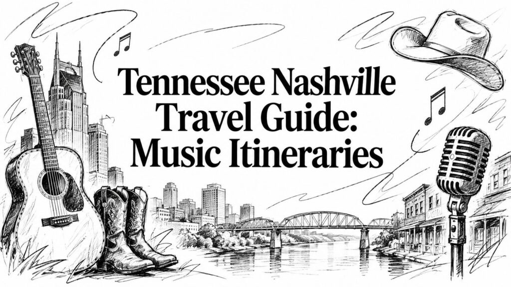 A Nashville travel guide cover shows a guitar, cowboy boots, mic, hat, cityscape, and music notes.