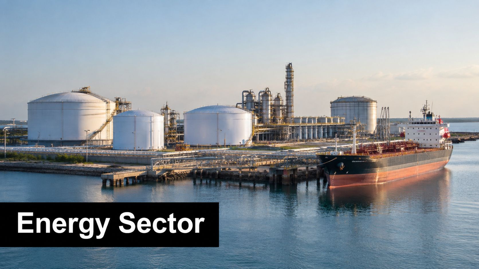 A large oil tanker docked at an industrial facility with massive storage tanks at the water port.