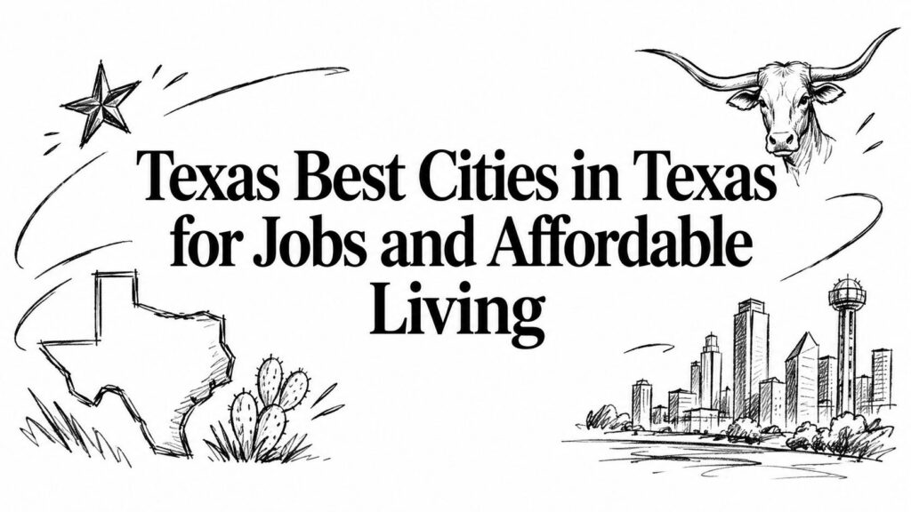 Text reads “Best Cities in Texas for Jobs and Affordable Living” surrounded by Texas-themed sketches.