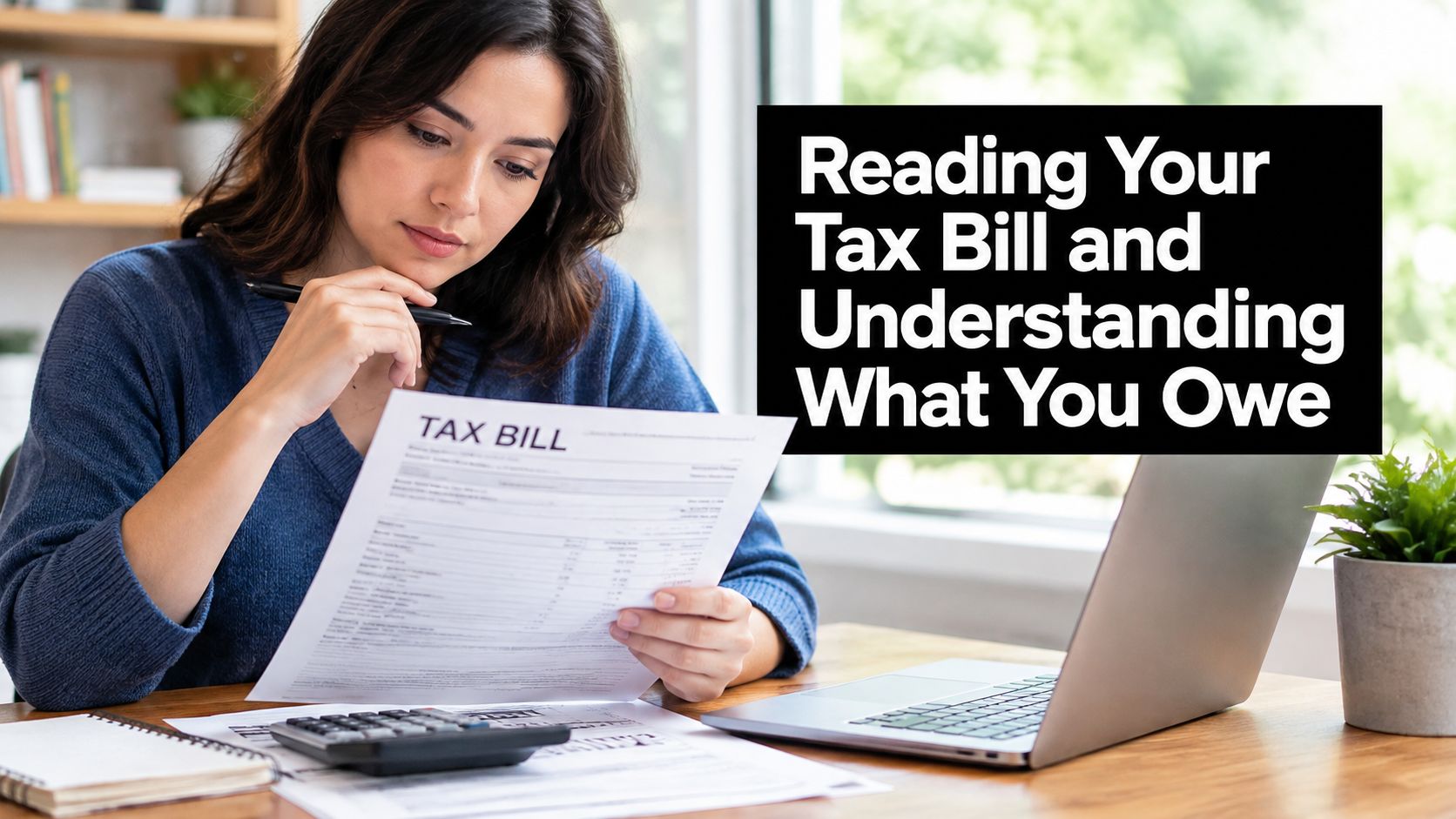 A woman reviewing her tax bill while sitting at a desk with a laptop and calculator.