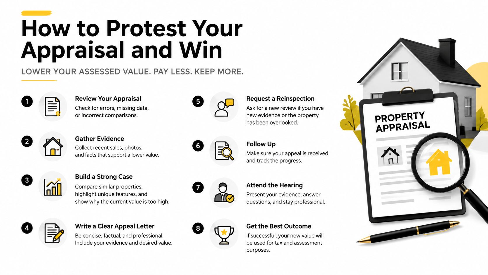 An infographic titled How to Protest Your Appraisal and Win detailing eight steps for homeowners to appeal property assessments.