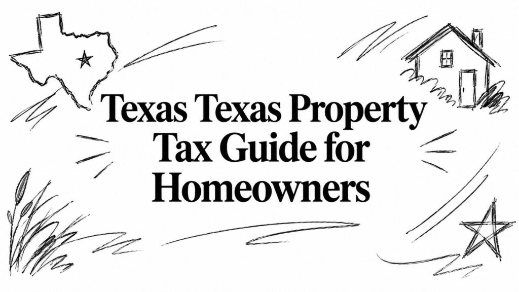 An image with “Texas Texas Property Tax Guide for Homeowners” text, plus sketches of Texas and a house.