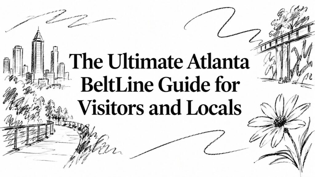 Sketched cityscape, path, flower, and bridge with text: The Ultimate Atlanta BeltLine Guide.