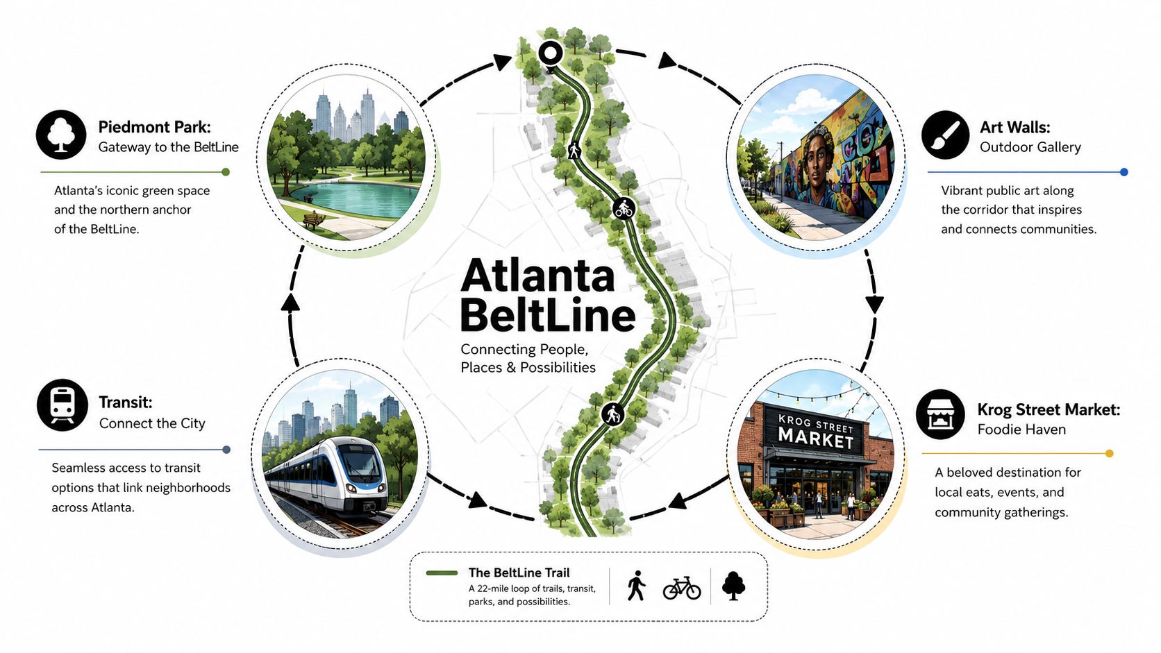 An illustrative diagram showcasing key attractions along the Atlanta BeltLine including parks, markets, and transit links.