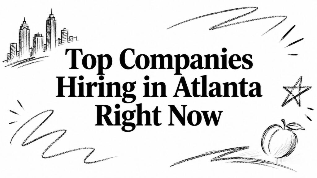 Text “Top Companies Hiring in Atlanta Right Now” with a peach, star, and buildings in the background.