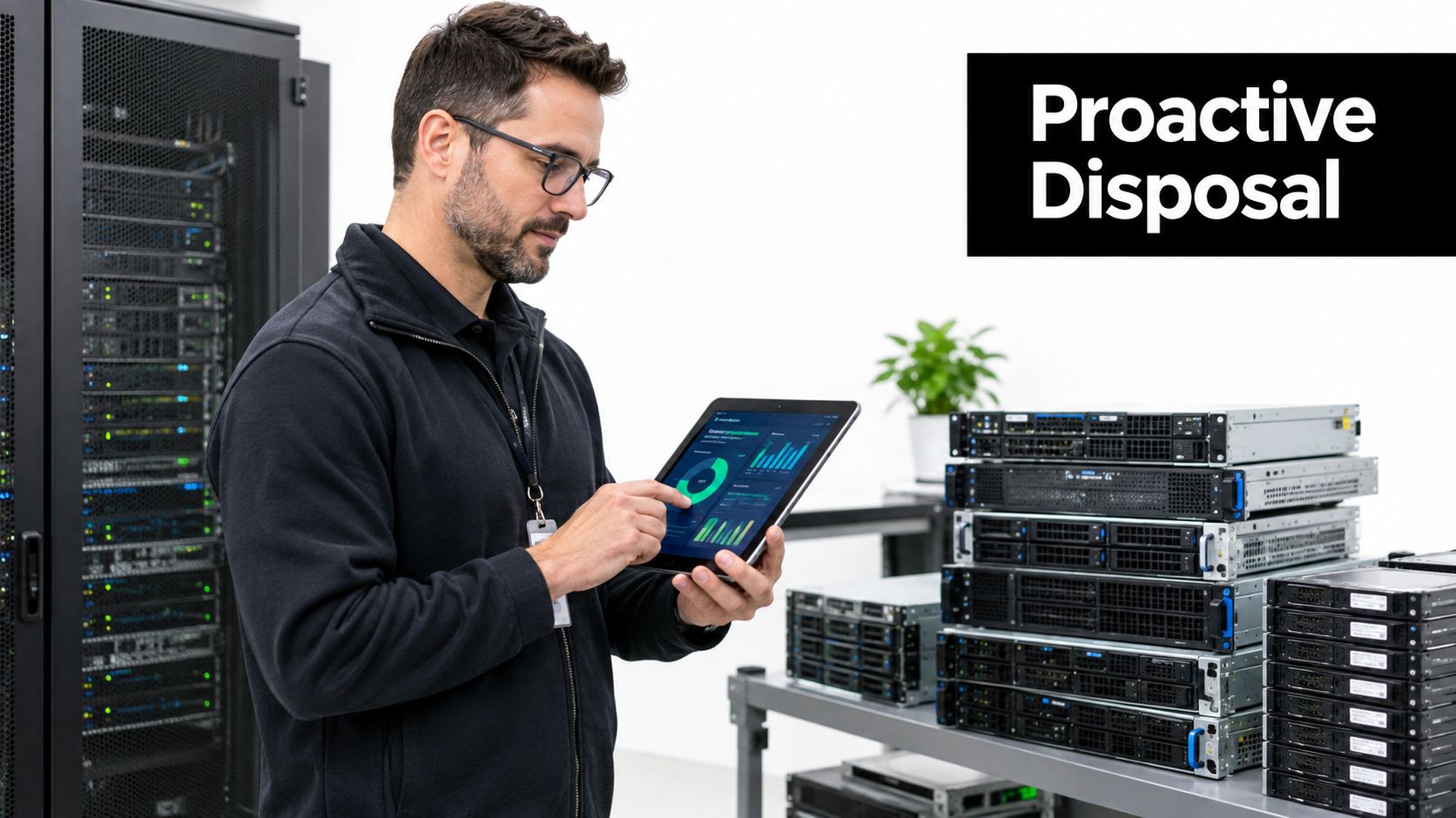 A technician in a server room using a tablet to analyze data for IT asset disposition.
