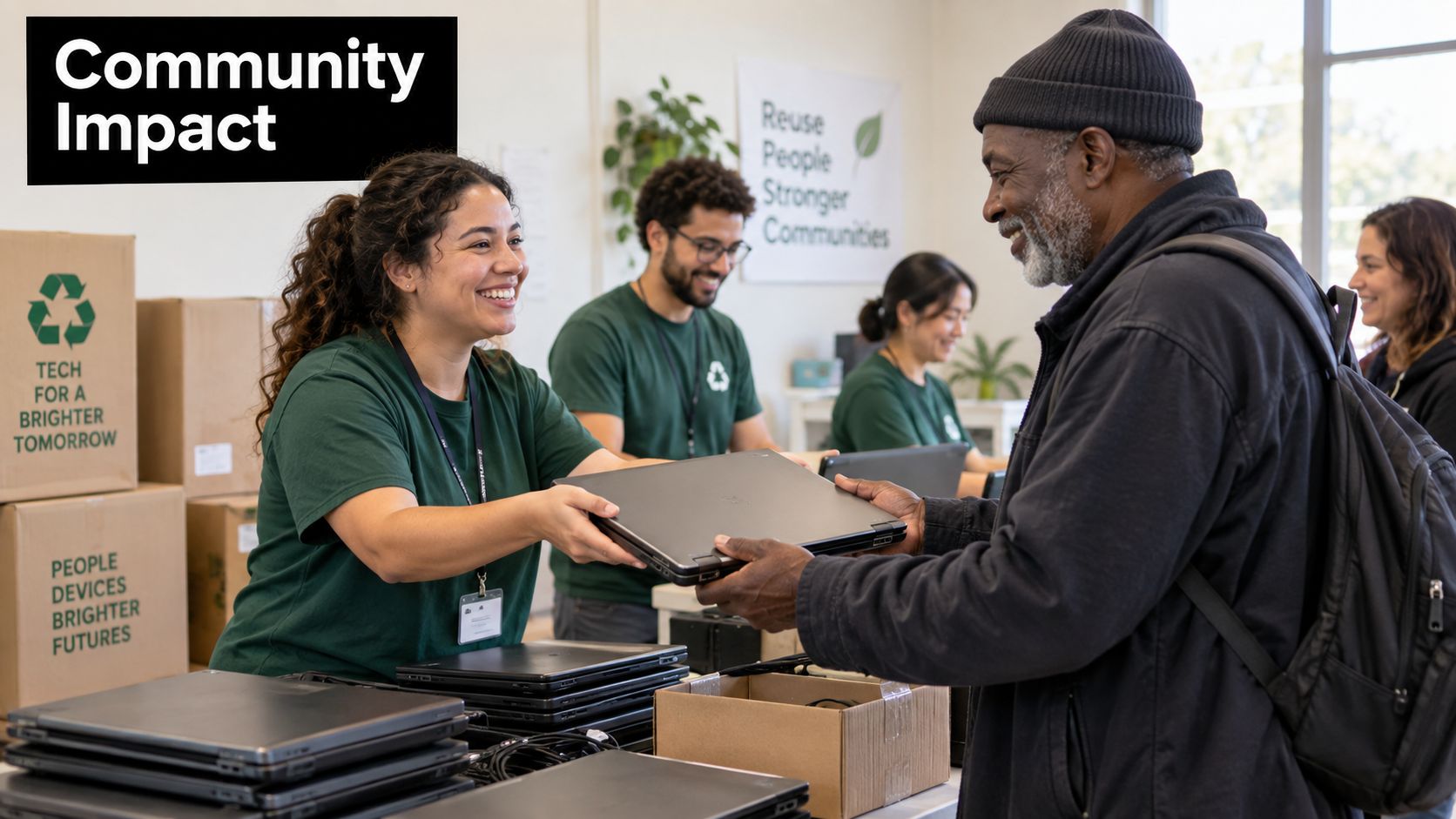 A friendly volunteer hands a laptop to an older man in a community technology donation center.