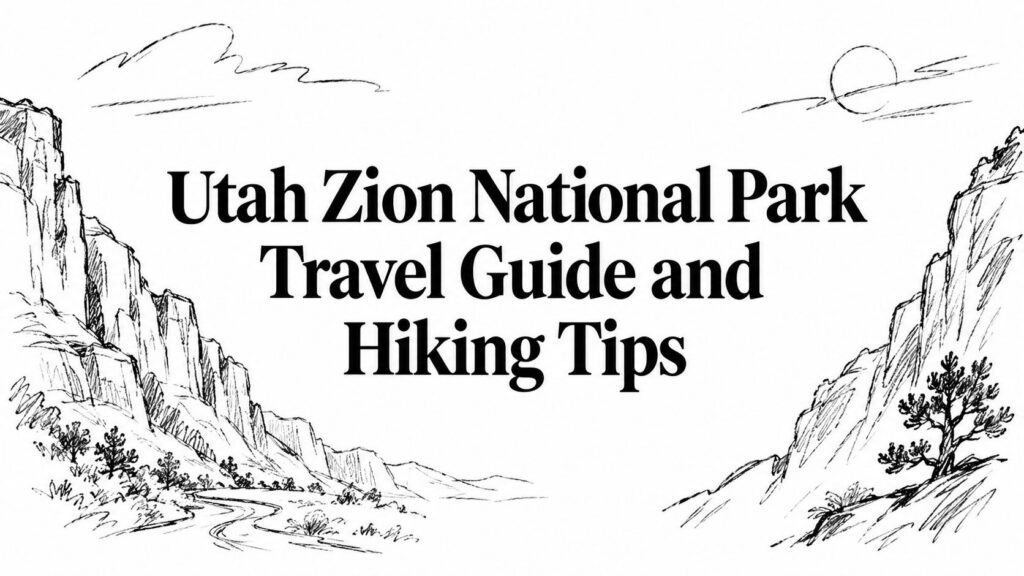 Utah Zion National Park Travel Guide and Hiking Tips on text with sketched canyon and trees in background.