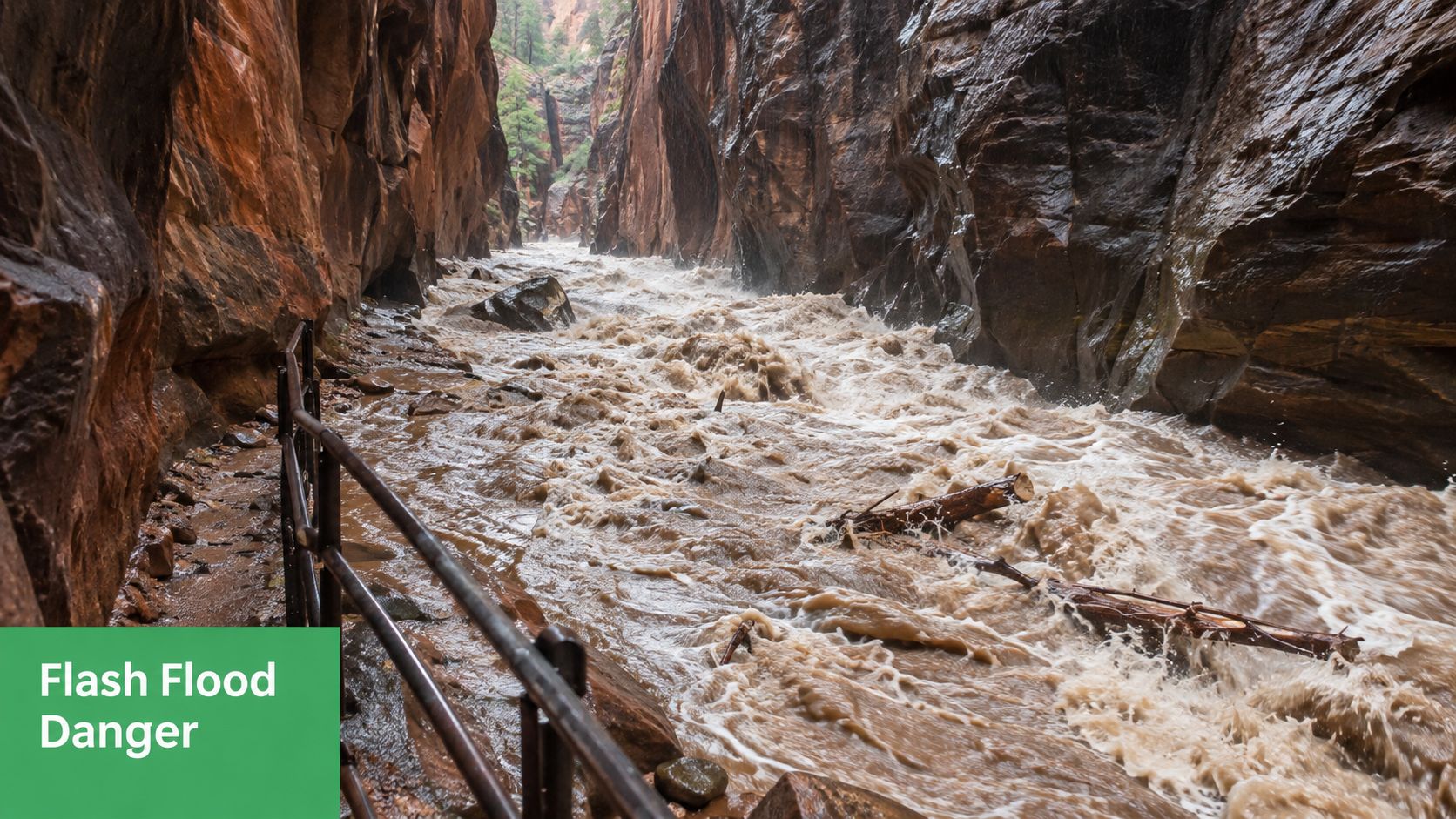A powerful, muddy flash flood surging through a narrow, steep canyon at Zion National Park, Utah.