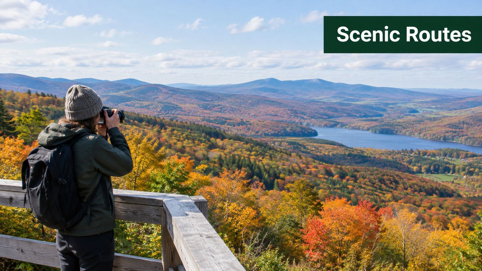 A hiker with a backpack and beanie takes a photograph of the autumn mountain landscape scenery.