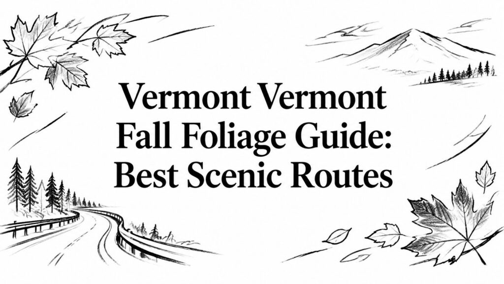 Vermont Fall Foliage Guide: Best Scenic Routes text with sketched leaves, mountain, road, and woods.