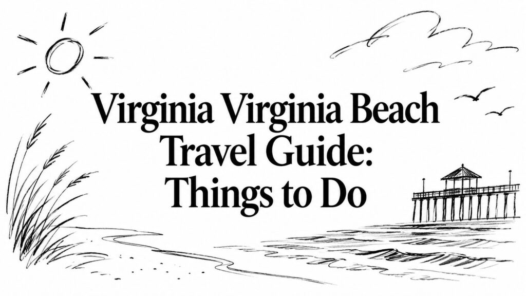 Hand-drawn Virginia Beach scene with pier, sun, clouds, and “Virginia Beach Travel Guide” text.