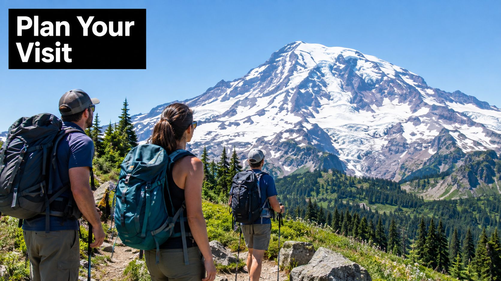 Three hikers with backpacks admiring the scenic view of the snow-capped Mount Rainier in Washington state.