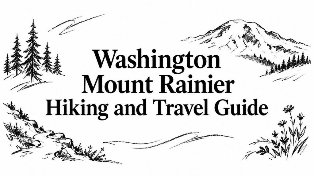 Black and white sketch of Mount Rainier with trees and the text “Washington Mount Rainier Guide.”