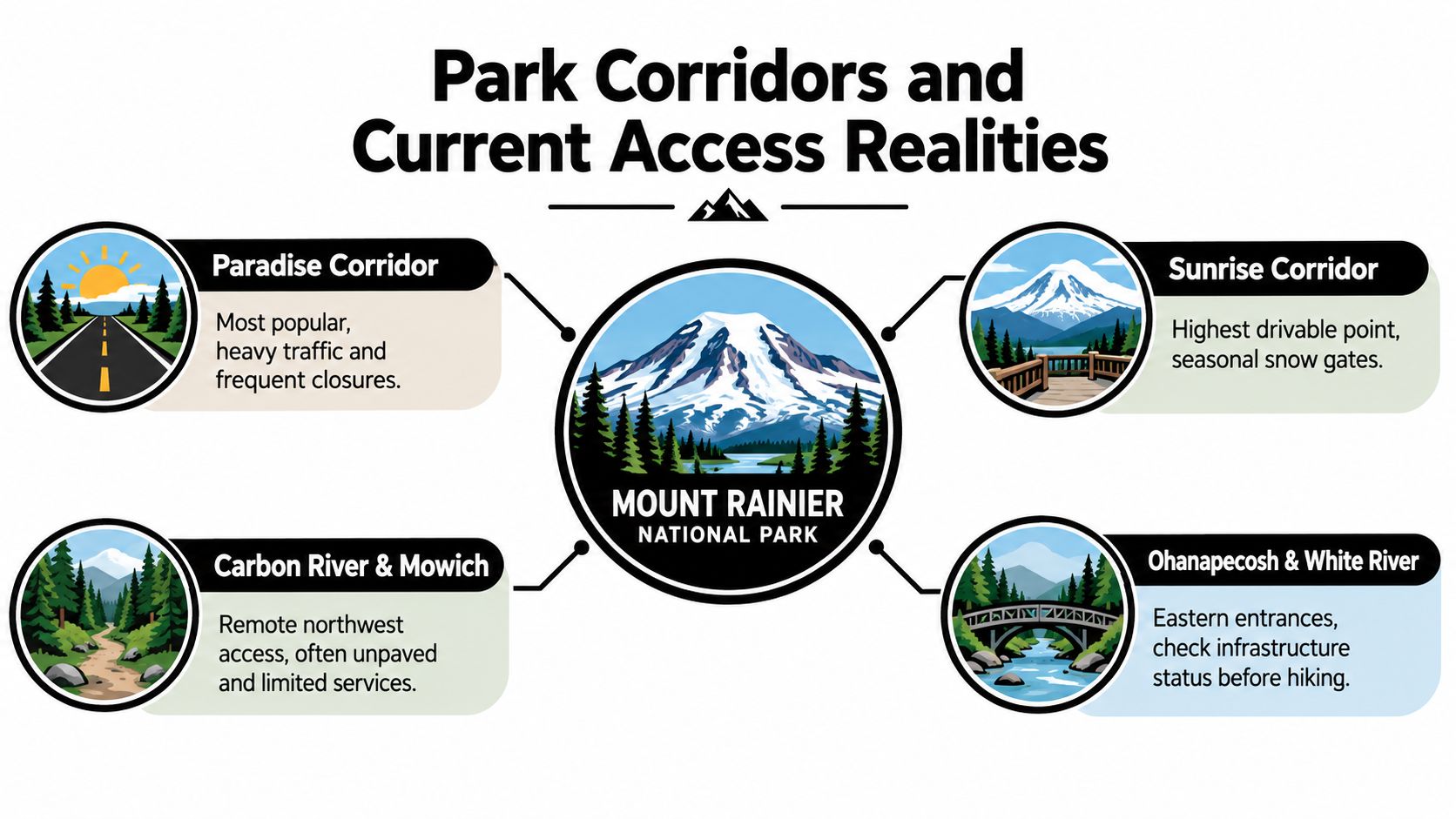 A map illustration showing access corridors and travel information for various regions of Mount Rainier National Park.