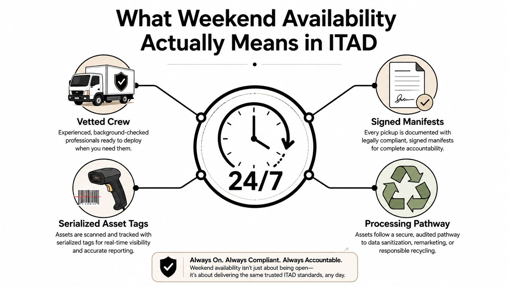An infographic explaining that ITAD weekend availability ensures professional crew, asset tracking, signed manifests, and secure processing.