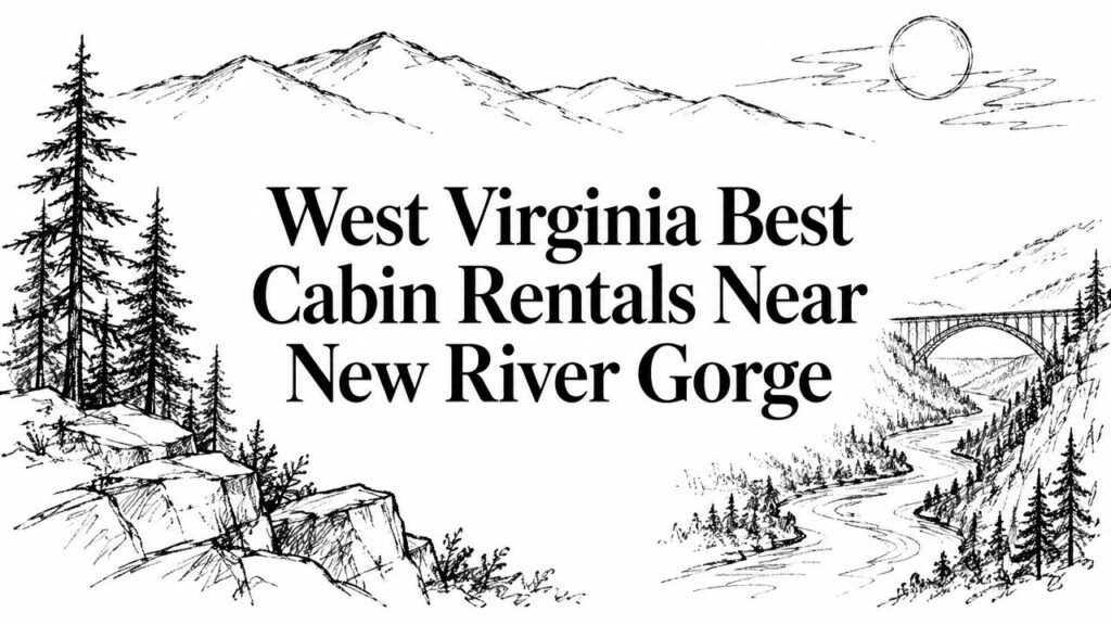 Hand-drawn mountains, trees, river, and bridge with text: West Virginia Best Cabin Rentals Near New River Gorge.