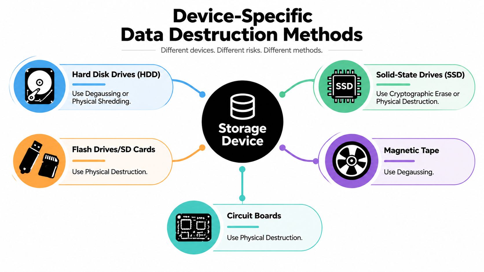 A diagram outlining recommended data destruction methods for various storage media including hard drives, SSDs, and flash drives.