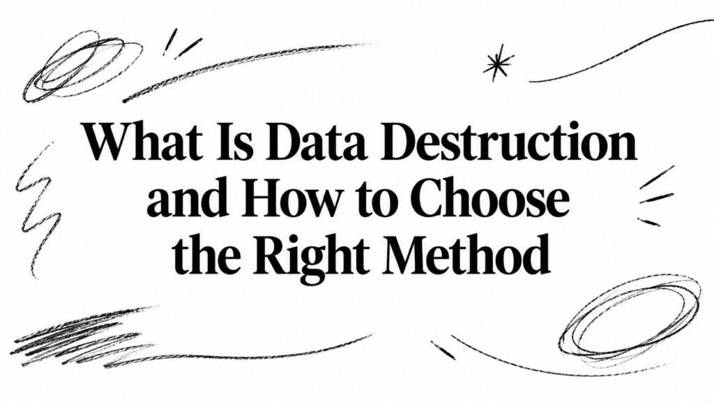 The image displays “What Is Data Destruction and How to Choose the Right Method” with abstract sketches.