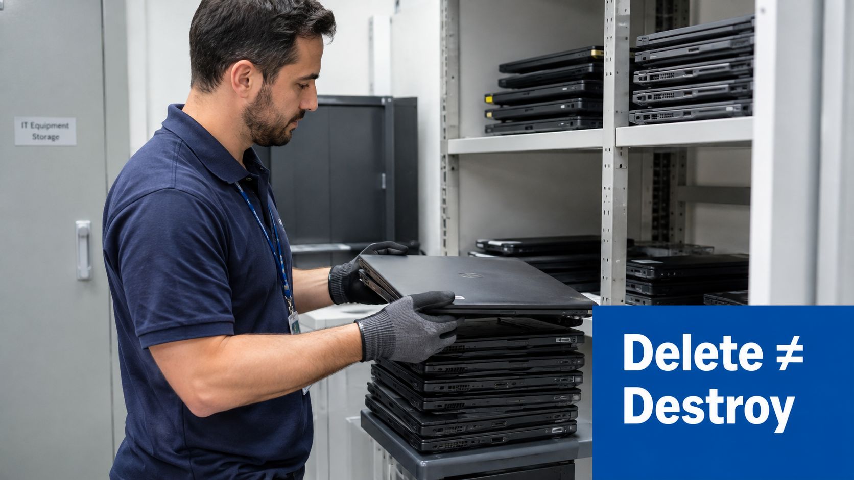 An IT technician in gloves carefully organizing a stack of black laptops on a metal storage shelf.