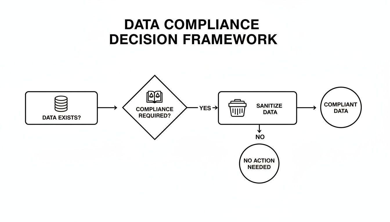 A flowchart showing a data compliance decision framework, including checks for existing data, compliance requirements, and data sanitization.