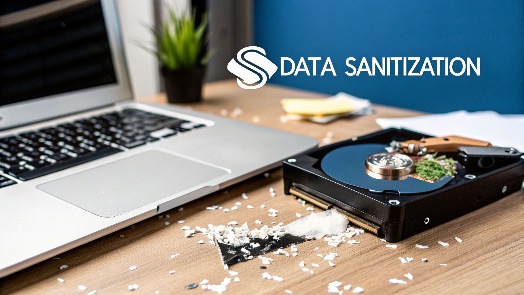 A disassembled hard drive with debris on a wooden desk next to a laptop, illustrating data sanitization.