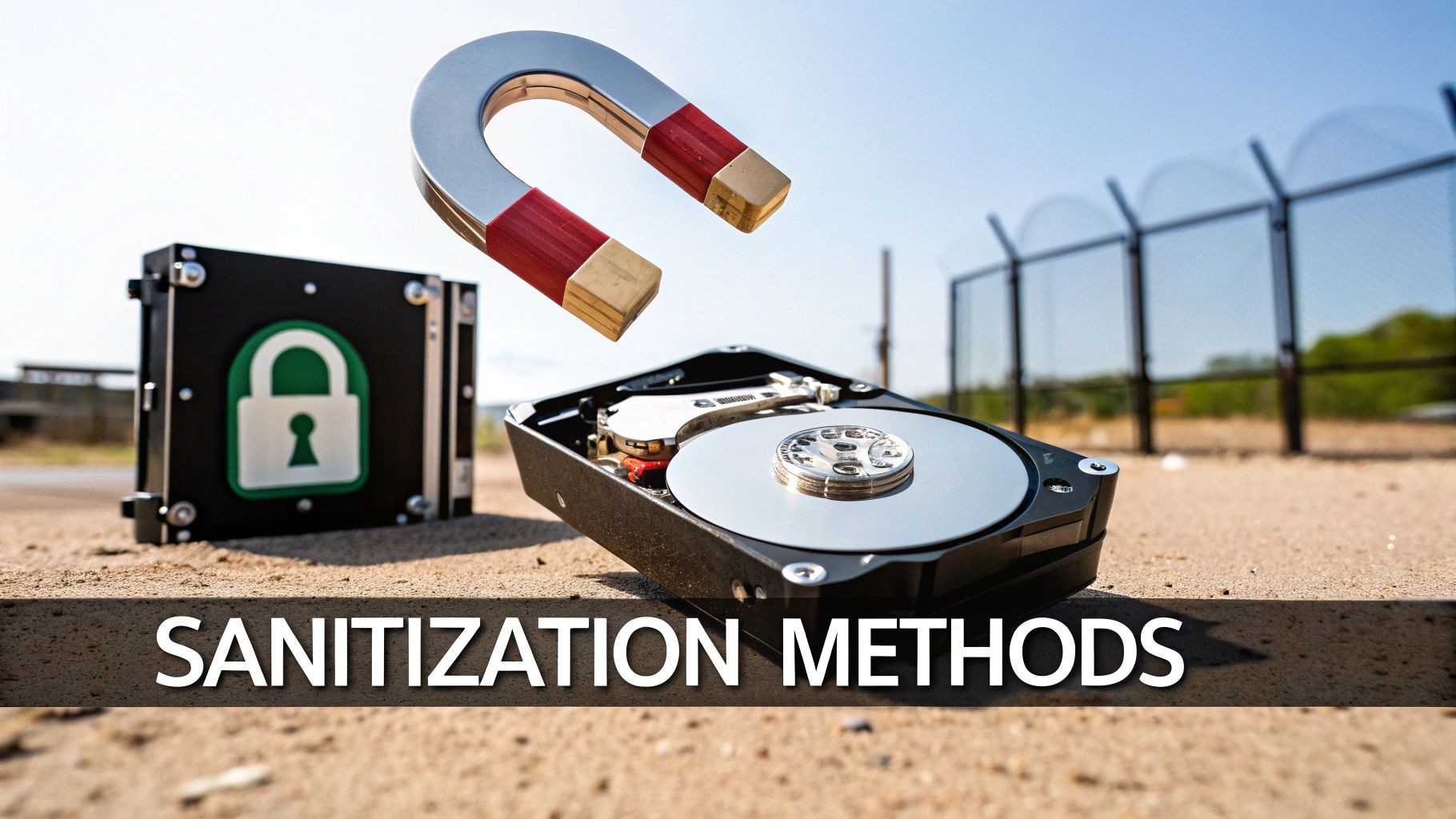 A horseshoe magnet hovers over an open hard drive, with a padlock box and fence in the background, illustrating data sanitization methods.