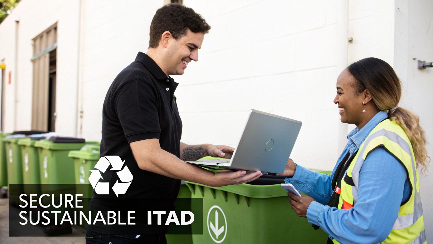 Smiling man and woman using a laptop next to green recycling bins, depicting secure sustainable ITAD.